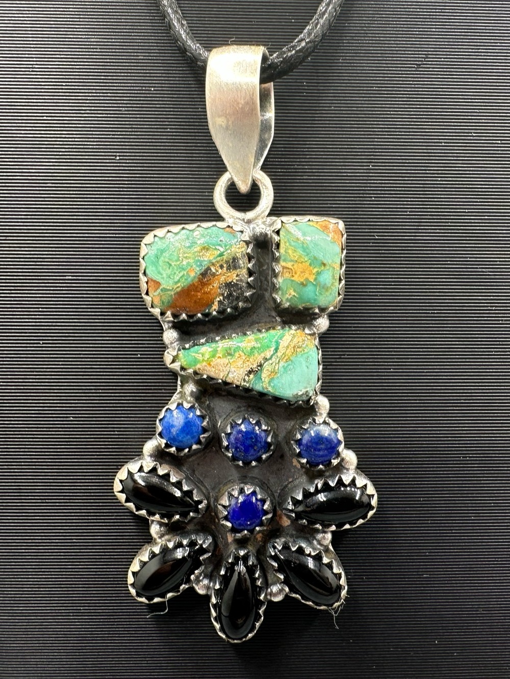 Black Onyx & Turquoise & Lapis Lazuli Sterling Silver 925 Handmade Pendant